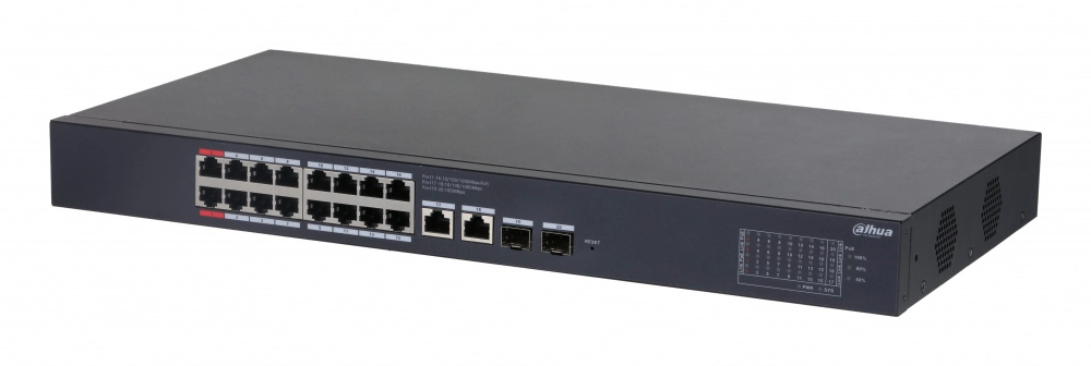 Dahua dh-cs4220-16gt-190 switch poe de 16 puertos gigabit con poe inteligente, puerto rojo de 90w, 190w totales, 2 puertos sfp, poe watchdog, switching de 40 gbps y protección avanzada contra descargas. plataforma dolynk care
