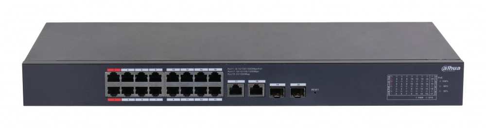 Dahua dh-cs4220-16gt-190 switch poe de 16 puertos gigabit con poe inteligente, puerto rojo de 90w, 190w totales, 2 puertos sfp, poe watchdog, switching de 40 gbps y protección avanzada contra descargas. plataforma dolynk care