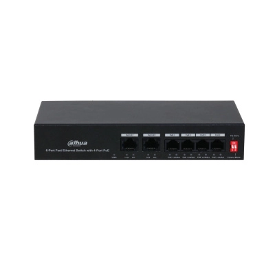 Switch poe dahua 6 puertos fast ethernet/4 puertos poe 10/100/ 2 puertos uplink 10/100 36 watts totales