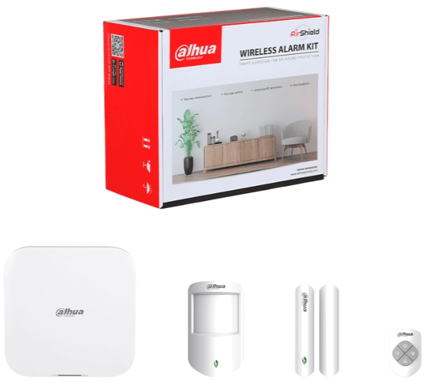 Dahua art-arc3800h-03-w2 -kit de alarma inalámbrico hub2, wifi y ethernet, incluye panel de alarma hub2, soporta audio 2 vías, incluye sensor de movimiento, contacto magnético y control remoto, hasta 8 cámaras ip, audio 2 vías,64 pir cam, airshield