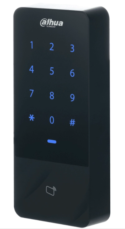 Dahua dhi-asi1201e-d-v1 control de acceso independiente con teclado touch y tarjetas id  30,000 usuarios  60,000 registros   tcp  ip   soporta lectora esclavo wiegand y rs-485  uso exterior ip66 salida de voltaje 12v 1a  dss pro
