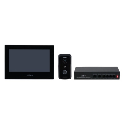 Dahua ktp03-v2 - kit de videportero ip monitor de 7 pulgadas. frente de calle y switch poe 6&1 e&s de alarma frente de calle ip65 ir apertura remota  switch de 4 puertos poe 10100 2 puertos uplink controla 1 puerta
