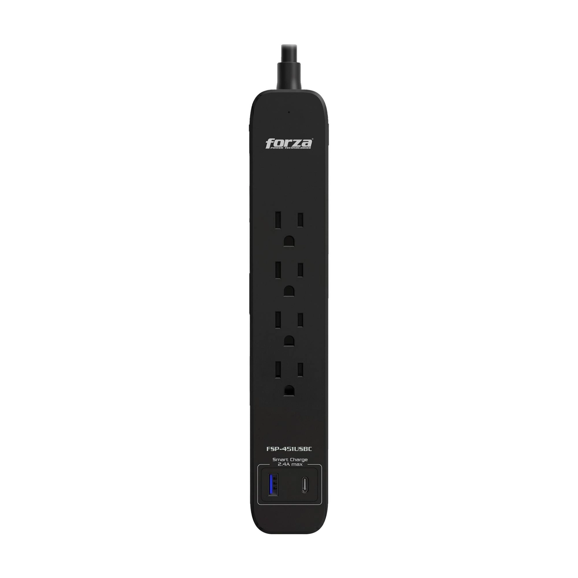 Supresor de picos forza fsp-451usbcbk 4 tomas nema 5-15r - 1 puerto usb-a, 1 usb-c, 500j, pared, negro. capacidad de 1625w13a. garantía de por vida