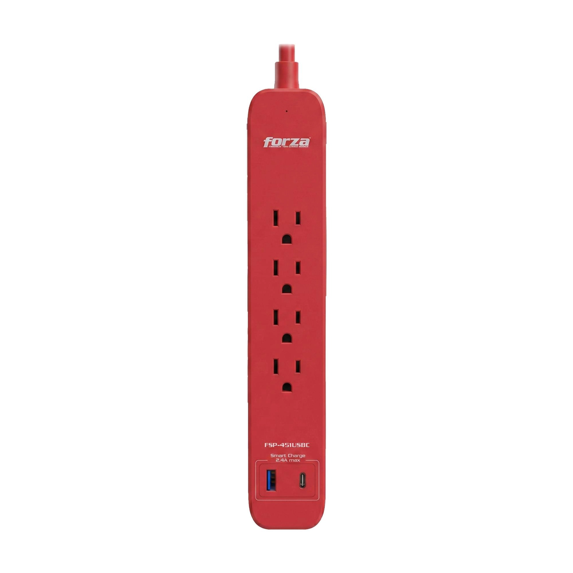 Supresor de picos forza fsp-451usbcbk 4 tomas nema 5-15r - 1 puerto usb-a, 1 usb-c, 500j, pared, rojo. capacidad de 1625w13a. garantía de por vida