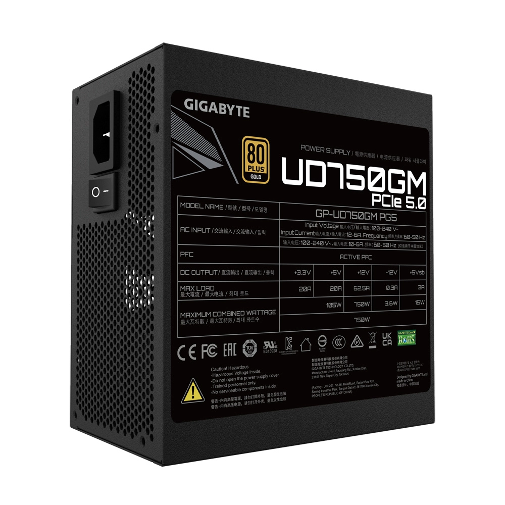 Fuente de poder gigabyte 80 plus gold, 750w, atx, modular, 24-pin atx, negro