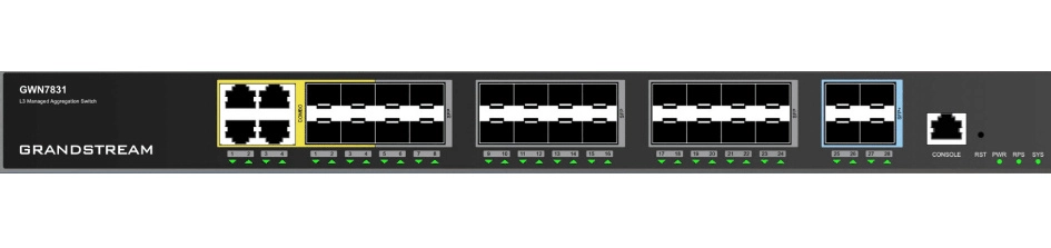 Switch de agregación administrable capa 3, combinacion 4x gigaeth, 24 puertos giga sfp y 4 puertos giga sfp+, 1 puerto de consola, vlan y qos avanzado y administración con gwn.cloud, gwn-manager, snmp, cli o http