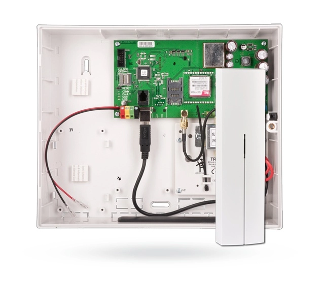 Panel de control con comunicador 3g  lan integrado y modulo de radio, 50 zonas inalambricas o bus, 8 particiones, 16 salidas programables pg, reportes por sms y voz desde el sistema hasta a 8 usuarios, deteccion automatica de red 2g3g con preferencia para la red mas rapida, la caracteristica de los paneles de control que integran comunicador 2g3g gsm y lan es que habilitan comunicacion por voz, sms y datos con usuarios finales y cras.