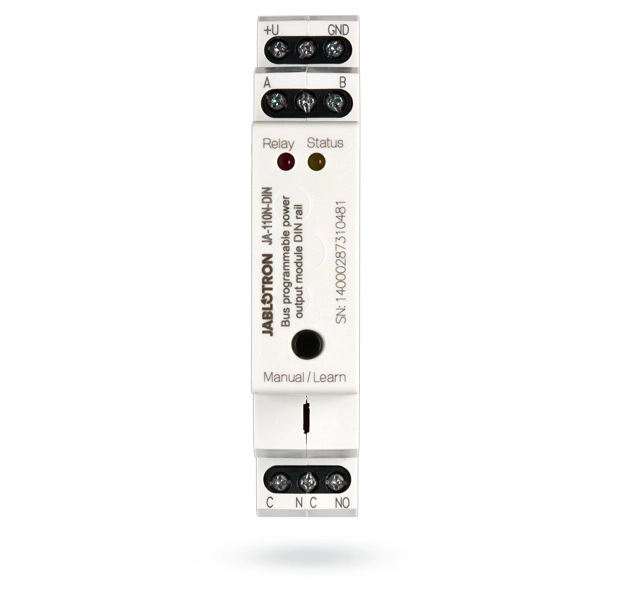 Modulo de fuerza de salidas pg-din, el modulo de fuerza de salidas ja-110n-din esta destinado para el montaje en una regleta din presta un contacto de interrupcion del rele de fuerza de salida que copia el estado de la salida programable conectada a la central.