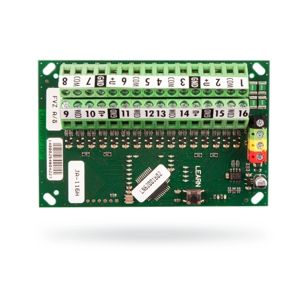 Expansor del bus - 16 entradas, el modulo ja-116h permite alimentar y conectar hasta 16 detectores con salidas de contacto al bus de datos del sistema jablotron 100+.