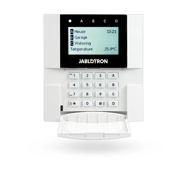 Teclado inalámbrico con pantalla lcd, teclas de control y lector rfid. tiene 4 botones de función para controlar particiones, salidas pg y otras funciones. los botones de función sirven como indicadores de estado al mismo tiempo.