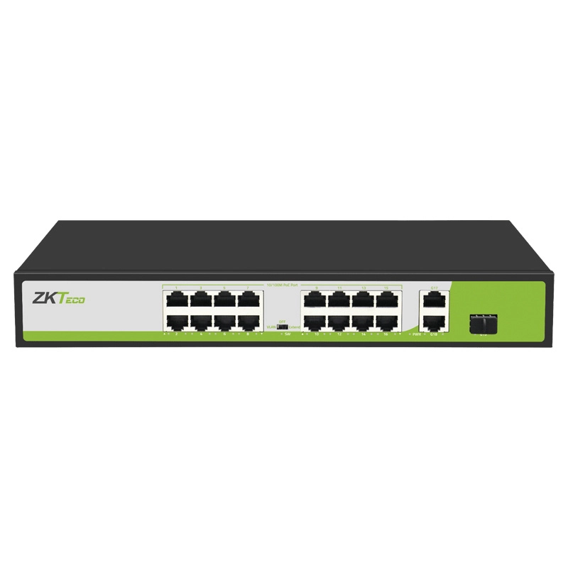 Zkteco pe162200c - switch de 16 puertos fast ethernet poe af - at  2 puertos rj45 101001000m + 1 puerto sfp 1g  poe+ hasta 30w por puerto  soporta hasta 250 mts sobre utp cat 6  autoadaptación mdi - mdix  protección contra descargas