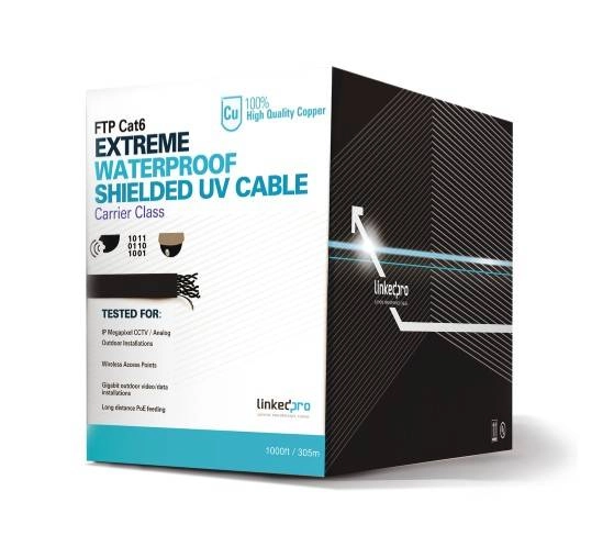 Bobina de cable 305 metros (1000 pies) cat6+ calibre 23 - climas extremos, color negro, sin blindar, para intemperie.