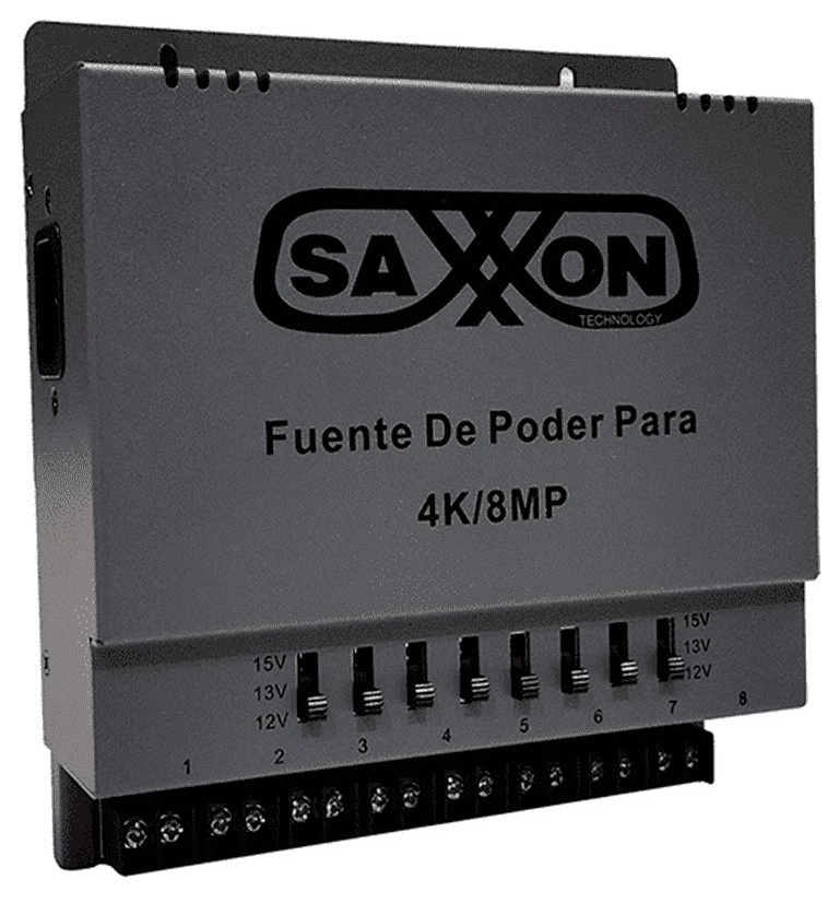 Saxxon energia psu1208a-4k - fuente de poder regulable metálica conexión de hasta 8 canales voltaje de ajuste 12v 13v o 15v cc salida de hasta 8 amp en los 8 canales máximo 1 amp por canal instalación en pared