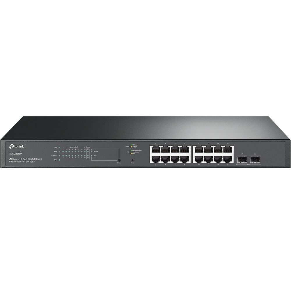 Tp-link tl-sg2218p - switch inteligente de 16 puertos poe+ gigabit jetstram , 2 puertos sfp , poe  802.3ataf , 150w totales , gestión centralizada con omada , soporta qos l2l3l4 y snooping igmp , ipv6 , acl , dhcp snooping, 802.1x.