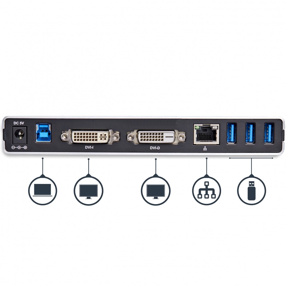 Startech.com replicador de puertos universal usb 3.0 para laptop con dvi doble y ethernet gigabit con adaptadores hdmi vga - 2 pantallas compatibles - 2048 x 1152 - 5 x usb 3.0 - red (rj-45) - dvi - línea entrada de audio - micrófono - cableado - gigabit ethernet - windows 7, windows 8, windows 8.1, windows 10, windows 11, windows xp sp3, windows vista, mac os x 10.6 snow leopard, mac os x 10.12 sierra, mac os x 10.14 mojave, mac os x 10.15 catalina, ...