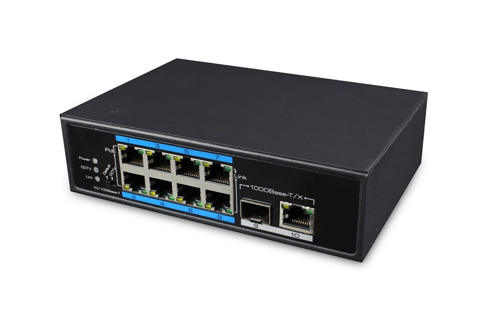 Utepo utp7108epoe - switch industrial poe+ de 10 puertos 8 poe 10100 mbps, 1 sfp 1000 mbps, 1 rj-45 101001000 mbps, poe 120w, 802.3afat, hasta 250m en modo cctv, montaje en din rail