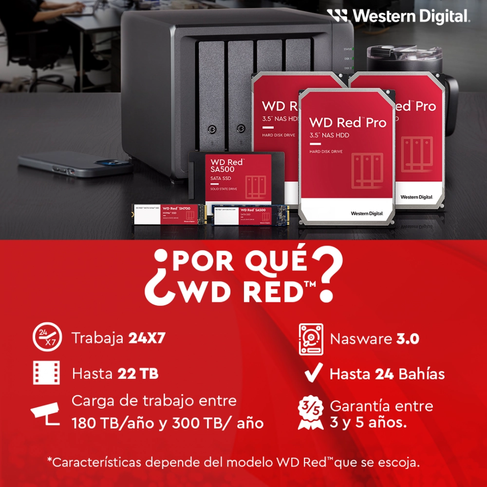 Unidad de estado solido ssd interno wd red sa500 500gb m.2 2280 sata3 6gb/s lect.560mbs escrit.530mbs nas wds500g1r0b