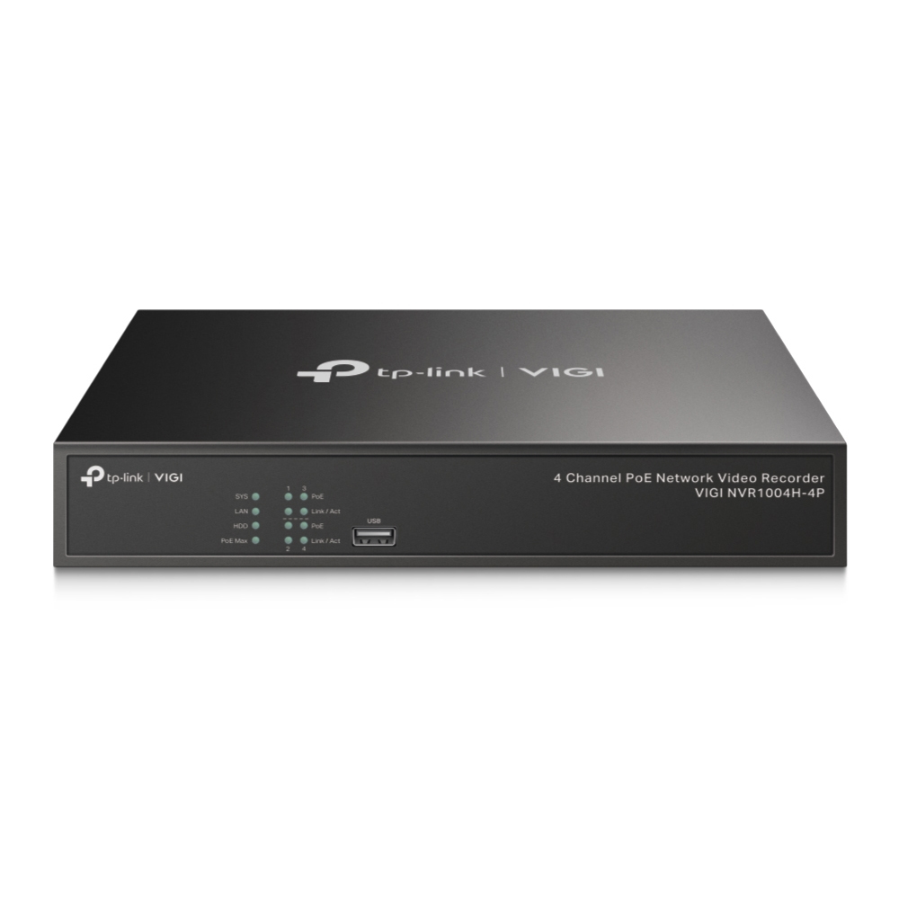 Nvr | tp-link | vigi | vigi nvr1004h-4p | nvr poe 4 canales | hdmi 4k | h.265+ | onvif | plug and play | audio bidireccional | grabacion continua 24/7 | ancho de banda 80mbps