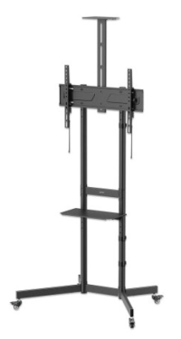 Soporte para TV Manhattan 462716 tipo carro para pantallas de 37 a 70 pulgadas hasta 70 kg, con inclinación de -10 a 5 grados, repisas para cámara y equipos AV, ruedas con frenos y protección PVC