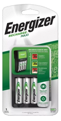 Indicador de status de carga
protección contra sobrecarga
seguridad de apagado
incluye 2 pilas energizer recharge® aa  de nimh (1300 mah)
uso recomendado
para cargar 2 ó 4 pilas aa