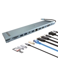 Dockstation hub usb-c ec line (ec-byl-2003u2) 12 en 1. puertos sd/tf - sd, 2 usb 2.0/3.0, usb-c, lan, 2 hdmi, audio 3.5mm, vga y pd. garantía 1 año.