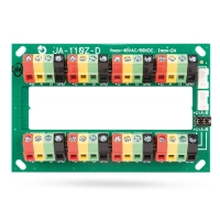 Modulo terminal bus multiposicion, diseñado para cablear conectores de instalaciones bus complejas del sistema jablotron 100+. puede ser dividido en dos ramas de bus independiente a traves de desconexion de jumpers.