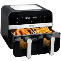 Freidora de aire mirati de 9 litros totales cuanta con 2 cantastas de 4.5l cada una con ventana, regulacion de temperatura individual 1700w, temperatura de 80c-200c