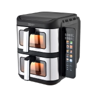 Freidora de aire doble mirati de 11 litros totales cuenta con 2 cantastas de 5.5l cada una con ventana, panel a color y retractil  regulacion de temperatura individual, 1800w, temperatura de 60c-200c
