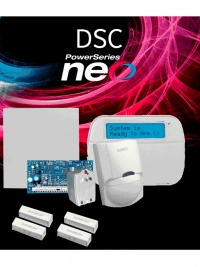 Dsc neo-lcd-sb -paquete serie neo con panel hs2032 de 8 zonas cableadas expandible a 32  teclado alfanumérico hs2lcdn  sensor pir lc-200 cableado  2 contactos cableados  transformador  gabinete gtvcmx003  sin batería