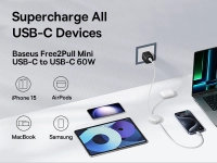Cable retractil baseus 1m, tipo c a tipo c, cable de carga 60w, color blanco