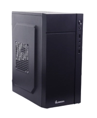 Gabinete quaroni frente abs, negro con franja tipo fibra de carbono, micro atx / mini itx, fuente de poder incluida de 500w
