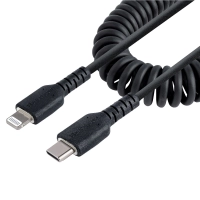 Startech.com cable 50cm usb-c a lightning en espiral con certificación mfi, cable usb tipo c en espiral negro de carga para iphone, usbc - cable for dispositivo móvil, iphone, ipad air, ipad, ipad mini, airpods, magic keyboard, magic trackpad, ratón magic, control remoto siri, estación de carga - 480mbits - mfi - apantallado - níquel conector chapado - 2232 awg - negro