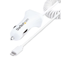 Startech.com cable en espiral lightning cargador de coche, cable de 1m en espiral lightning, 12w, blanco, cable adaptador cargador 2x usb - 1 paquete(s) - para smartphone, iphone, ipad, tableta - 12 v dc entrada - 5 v dc salida - 4.20a - blanco
